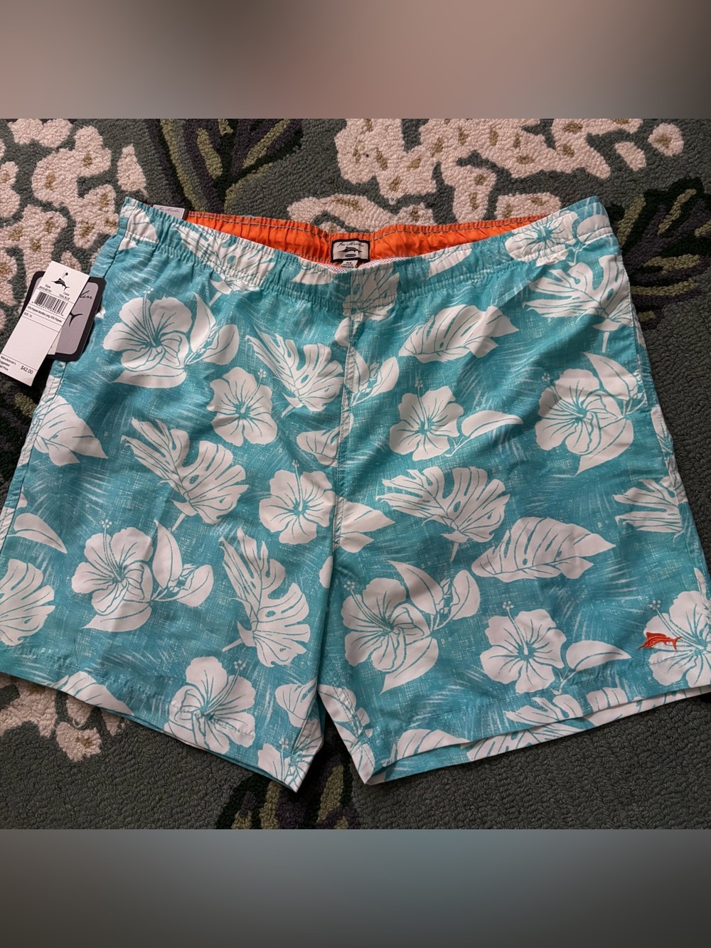 Men's Aqua Floral Swim Trunks with Orange Waistband